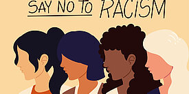 Illustration von vier Frauen verschiedener Ethnien, darüber der Text Say no to racism